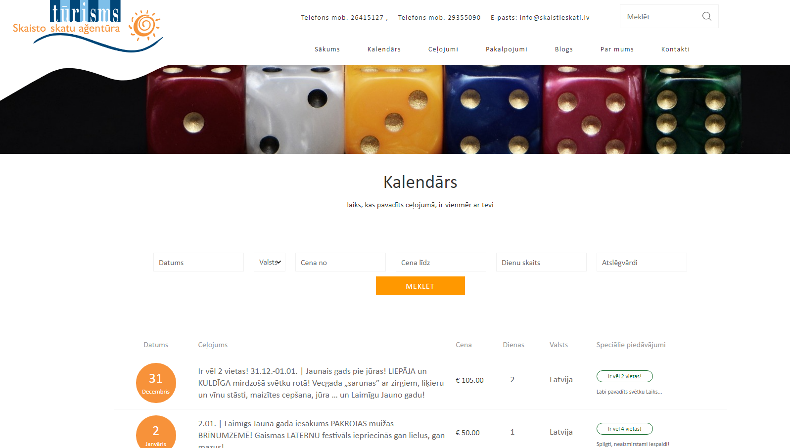 Calendario interattivo con filtri per paese, fasce di prezzo e disponibilità delle visite.