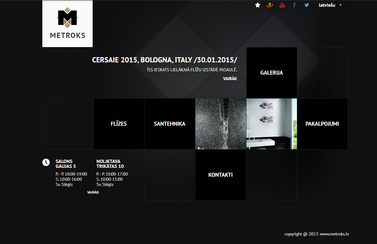 Layout home page tradizionale con navigazione a piastrelle per sezioni chiave come piastrelle, servizi, galleria e contatti.