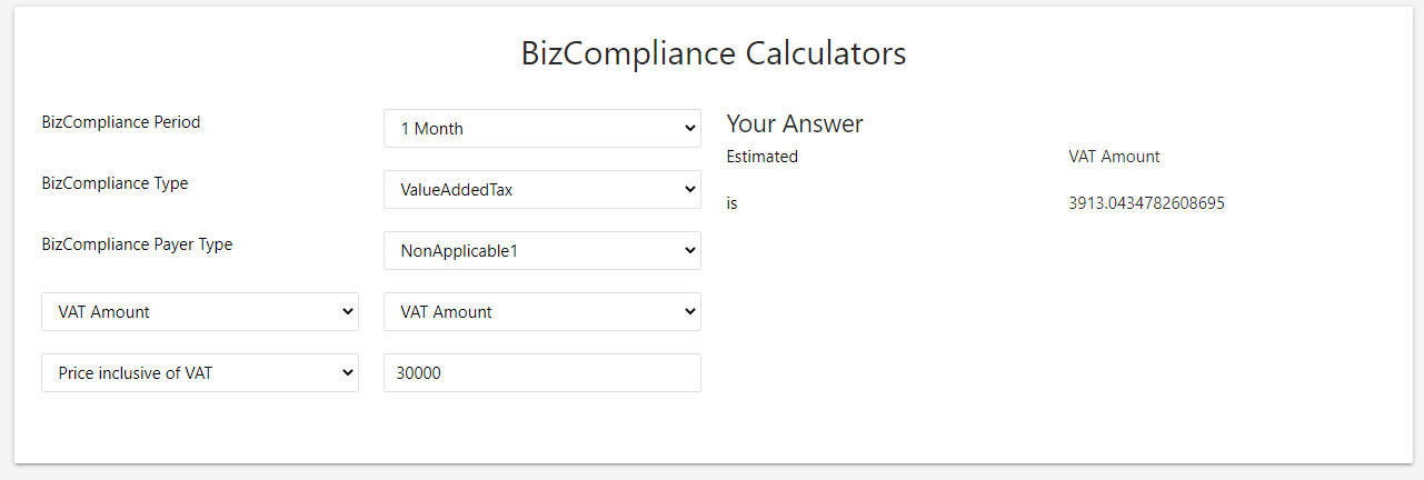 Output del Calcolatore IVA che mostra l'IVA stimata dal prezzo comprensivo di IVA.