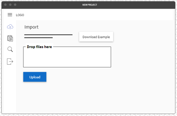 Mockup della schermata di importazione iniziale con trascinamento dei file e download del modello