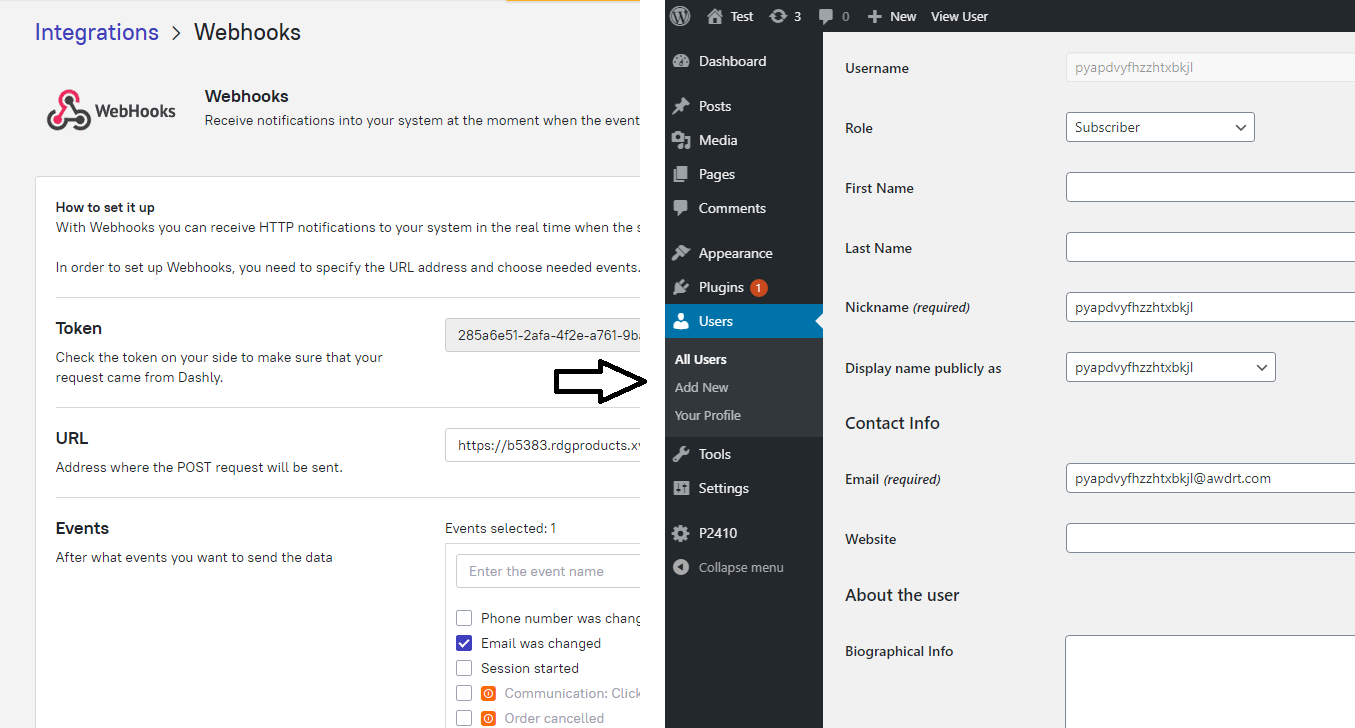 Webhook da Dashly che avvia la creazione automatica dell’account in WordPress – utente di prova generato dopo l’invio dell’email nel chatbot.