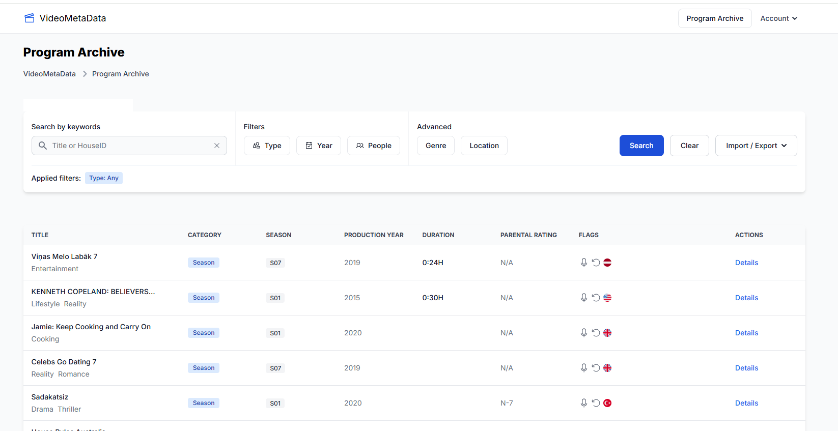 Dashboard Archivio Programmi con filtri avanzati, funzionalità di ricerca e tabella dati delle stagioni.